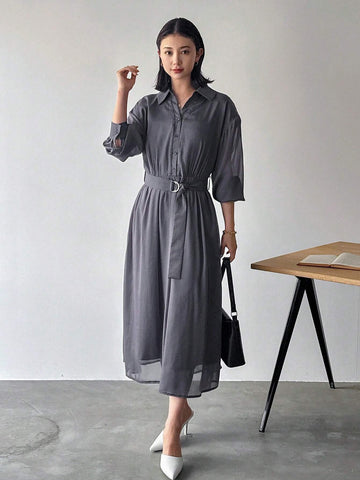 FRIFUL Ladies' Solid Color Lapel Pleated Summer Long Sleeve Dress