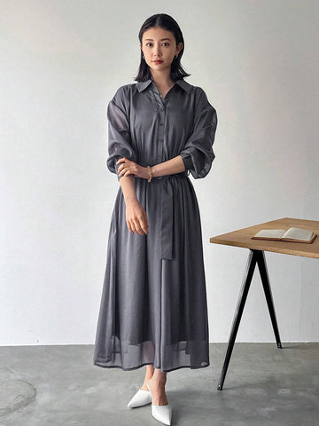 FRIFUL Ladies' Solid Color Lapel Pleated Summer Long Sleeve Dress