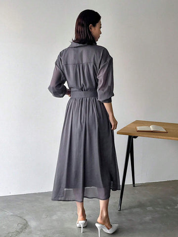 FRIFUL Ladies' Solid Color Lapel Pleated Summer Long Sleeve Dress