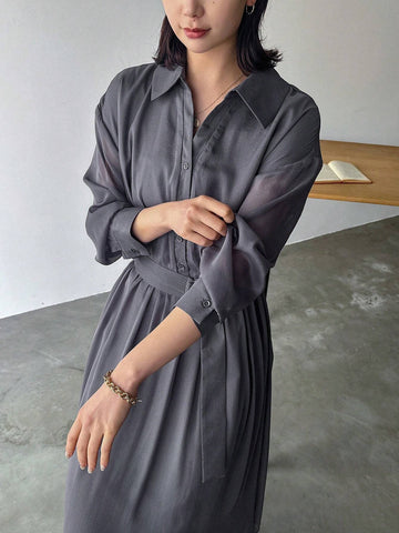 FRIFUL Ladies' Solid Color Lapel Pleated Summer Long Sleeve Dress