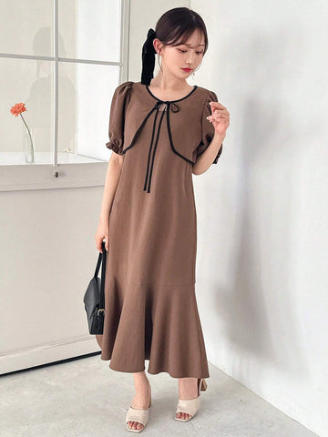 FRIFUL Ladies" Spring And Summer Casual Color-Block Lace-Up Bubble Sleeve Top And Solid Color Mermaid Cami Dress Combo