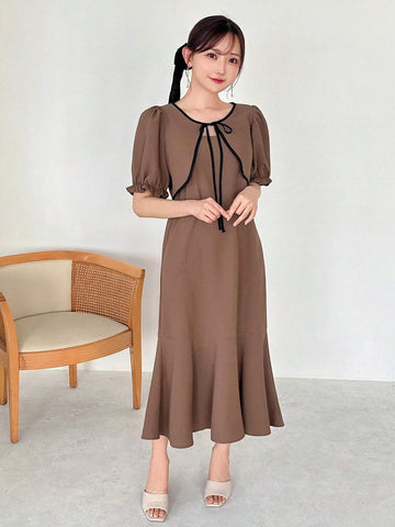 FRIFUL Ladies" Spring And Summer Casual Color-Block Lace-Up Bubble Sleeve Top And Solid Color Mermaid Cami Dress Combo