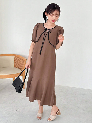 FRIFUL Ladies" Spring And Summer Casual Color-Block Lace-Up Bubble Sleeve Top And Solid Color Mermaid Cami Dress Combo