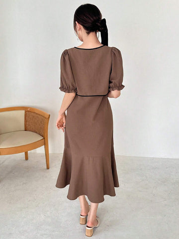 FRIFUL Ladies" Spring And Summer Casual Color-Block Lace-Up Bubble Sleeve Top And Solid Color Mermaid Cami Dress Combo