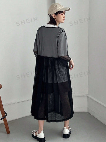 FRIFUL Loose Fit Casual Mesh Pleated Dress