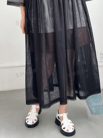 FRIFUL Loose Fit Casual Mesh Pleated Dress