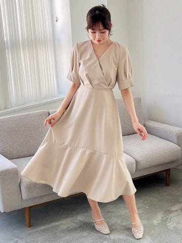 FRIFUL Solid Color V-Neck Dress With Ruffle Hemline
