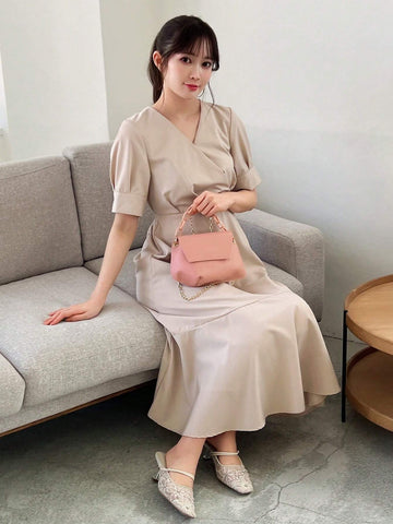 FRIFUL Solid Color V-Neck Dress With Ruffle Hemline