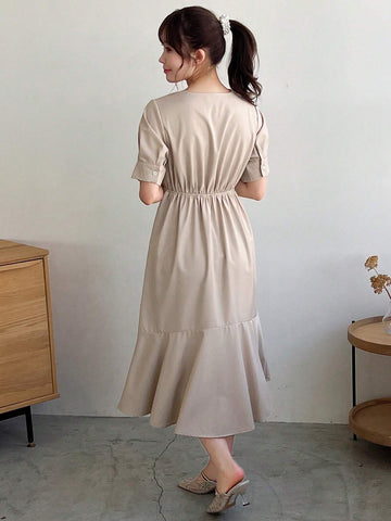 FRIFUL Solid Color V-Neck Dress With Ruffle Hemline