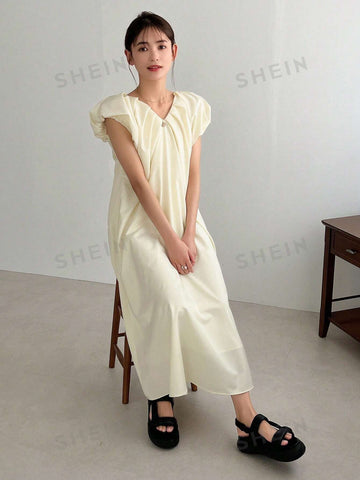 FRIFUL Solid Color V-Neck Loose Puff Sleeve Dress
