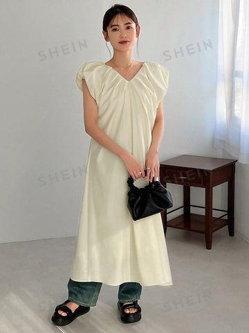 FRIFUL Solid Color V-Neck Loose Puff Sleeve Dress