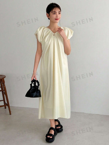 FRIFUL Solid Color V-Neck Loose Puff Sleeve Dress