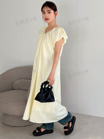 FRIFUL Solid Color V-Neck Loose Puff Sleeve Dress