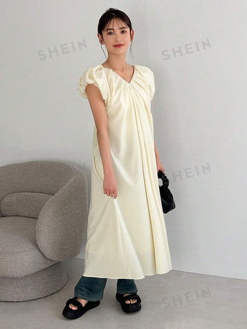 FRIFUL Solid Color V-Neck Loose Puff Sleeve Dress