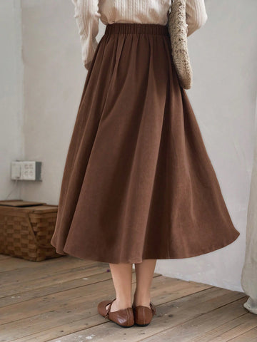 FRIFUL Solid Elastic Waist Flare Skirt