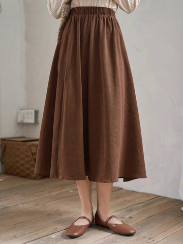 FRIFUL Solid Elastic Waist Flare Skirt