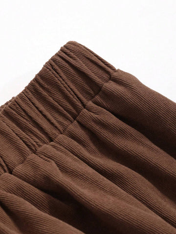 FRIFUL Solid Elastic Waist Flare Skirt