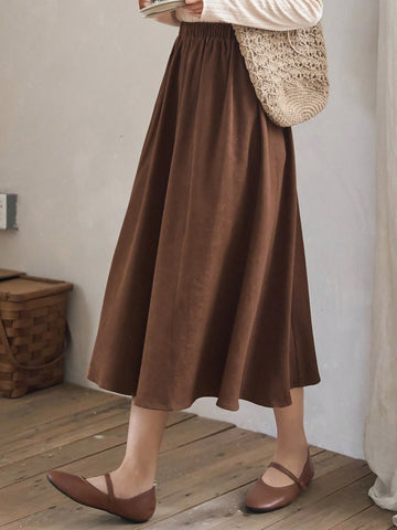 FRIFUL Solid Elastic Waist Flare Skirt