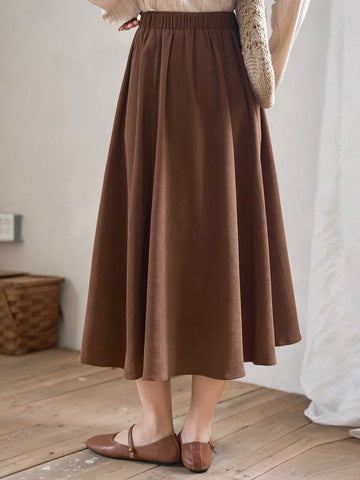 FRIFUL Solid Elastic Waist Flare Skirt