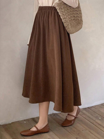 FRIFUL Solid Elastic Waist Flare Skirt