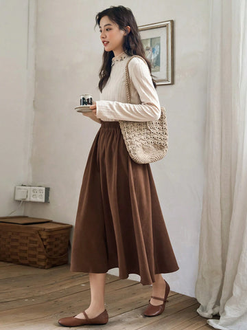 FRIFUL Solid Elastic Waist Flare Skirt