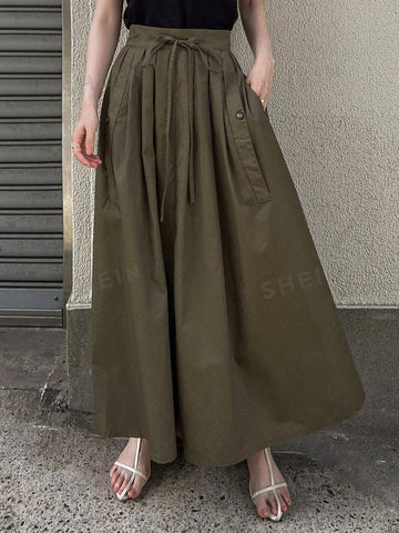 FRIFUL Solid Tie Front Flare Skirt