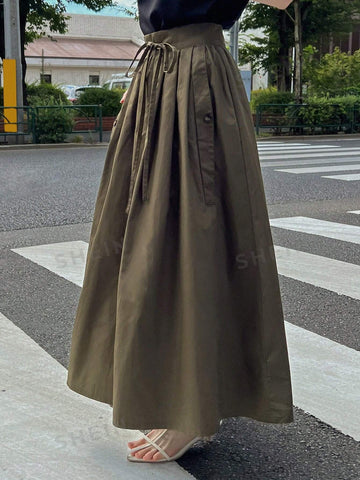 FRIFUL Solid Tie Front Flare Skirt