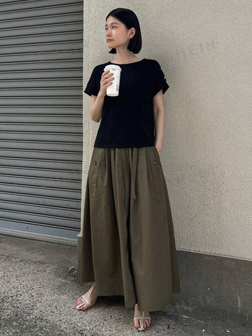 FRIFUL Solid Tie Front Flare Skirt