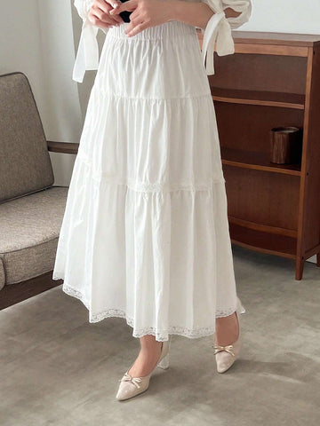 FRIFUL White Lace Splice Elastic Waist A-Line Skirt