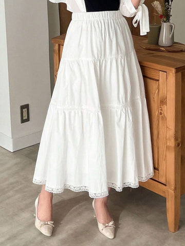 FRIFUL White Lace Splice Elastic Waist A-Line Skirt