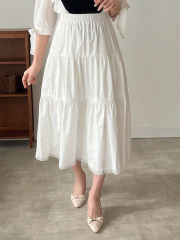 FRIFUL White Lace Splice Elastic Waist A-Line Skirt
