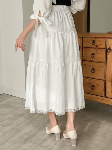 FRIFUL White Lace Splice Elastic Waist A-Line Skirt