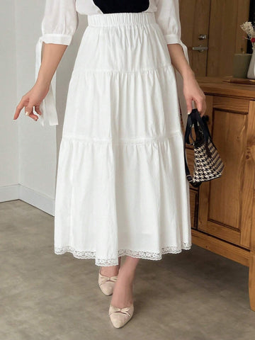 FRIFUL White Lace Splice Elastic Waist A-Line Skirt