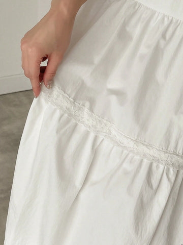 FRIFUL White Lace Splice Elastic Waist A-Line Skirt