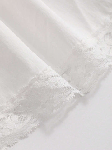FRIFUL White Lace Splice Elastic Waist A-Line Skirt