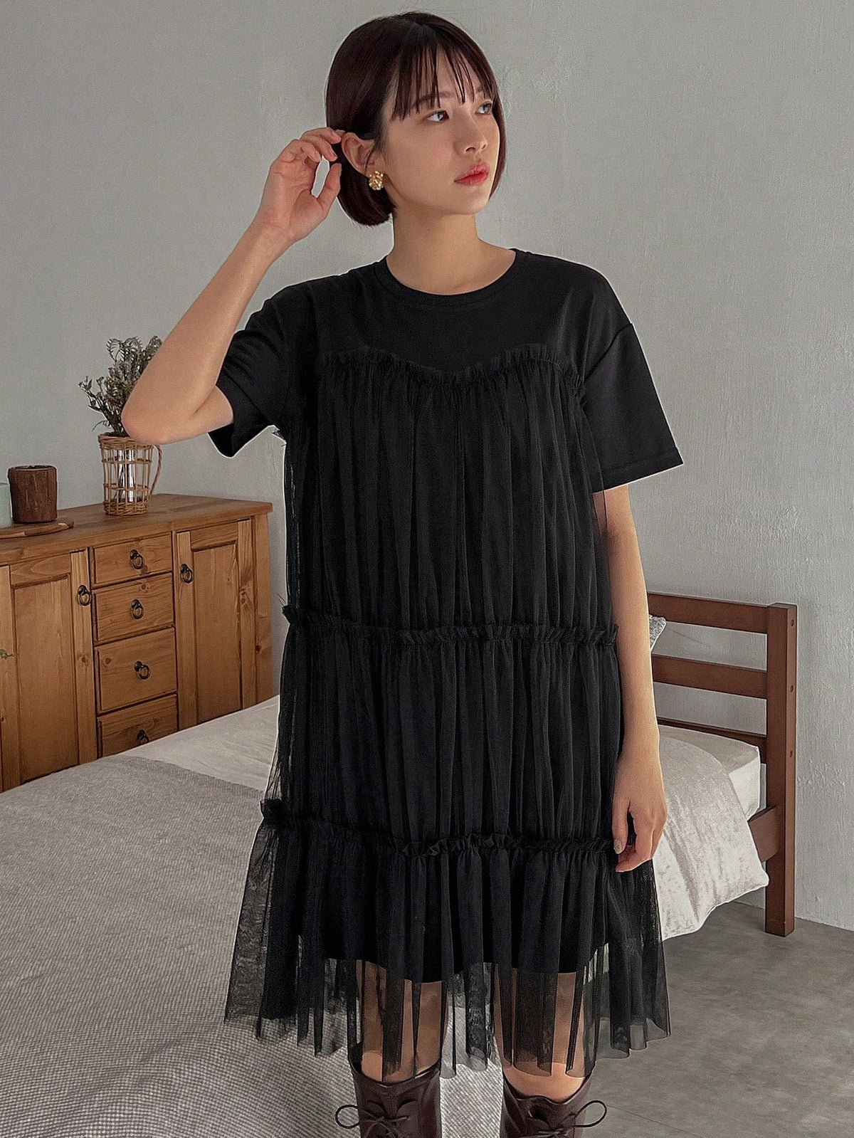 FRIFUL Women'S Round Neck Short Sleeve Mesh Overlay Dress