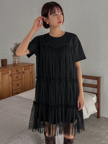 FRIFUL Women'S Round Neck Short Sleeve Mesh Overlay Dress