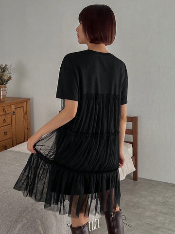 FRIFUL Women'S Round Neck Short Sleeve Mesh Overlay Dress