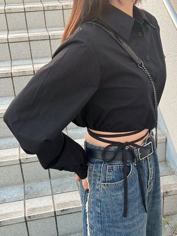 FRIFUL Women Black Cropped Tie-Up Shirt, Street Wear, Spring