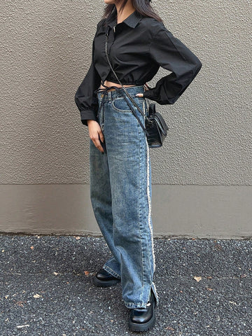 FRIFUL Women Black Cropped Tie-Up Shirt, Street Wear, Spring