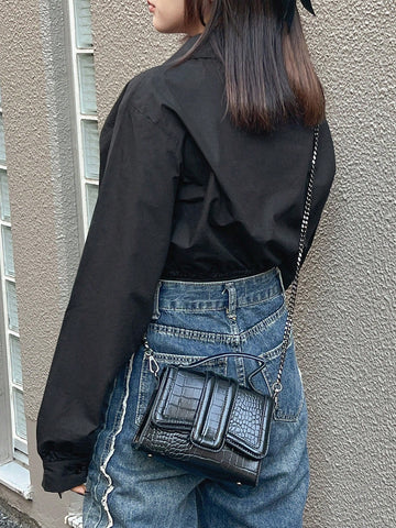 FRIFUL Women Black Cropped Tie-Up Shirt, Street Wear, Spring