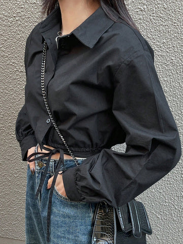 FRIFUL Women Black Cropped Tie-Up Shirt, Street Wear, Spring