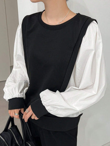 Women Casual Color-Block Splice Faux Two-Piece Shirt, Autumn