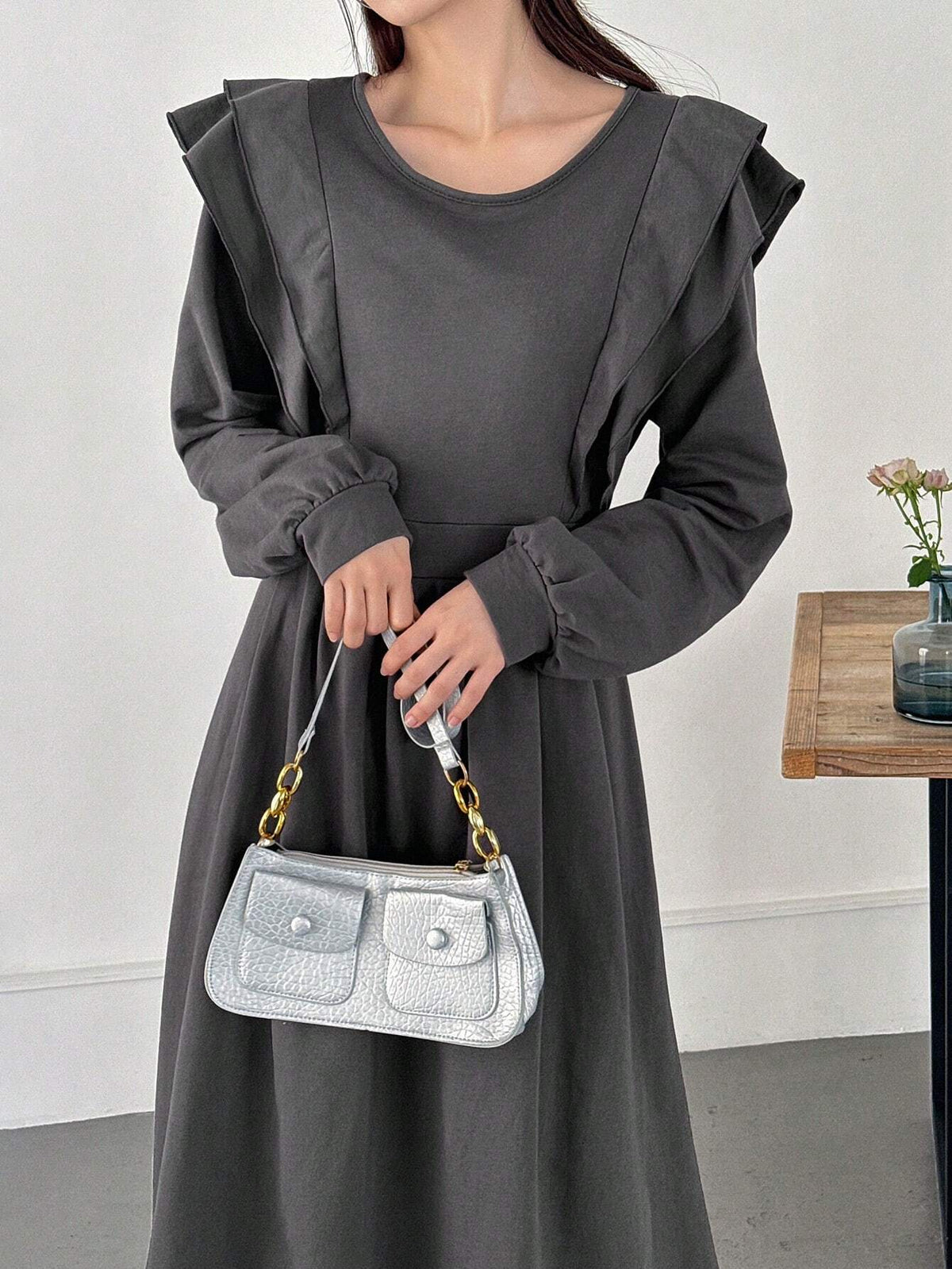 FRIFUL Women Casual Everyday Ruffled Collar Loose Long Dress, Autumn