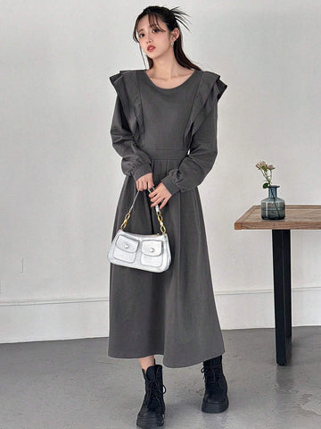FRIFUL Women Casual Everyday Ruffled Collar Loose Long Dress, Autumn