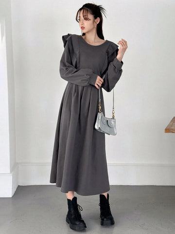 FRIFUL Women Casual Everyday Ruffled Collar Loose Long Dress, Autumn
