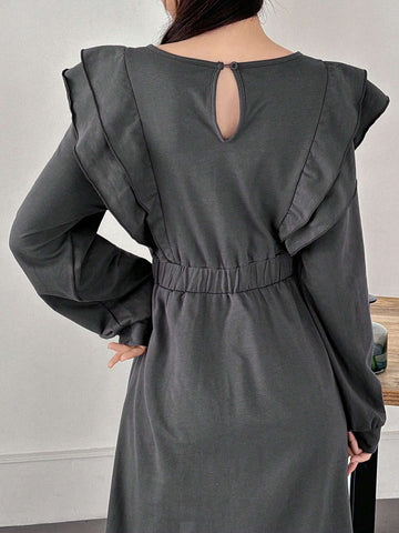 FRIFUL Women Casual Everyday Ruffled Collar Loose Long Dress, Autumn