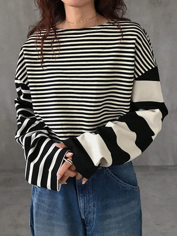Women Casual Round Neck Long Sleeve Striped T-Shirt