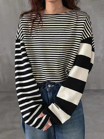 Women Casual Round Neck Long Sleeve Striped T-Shirt