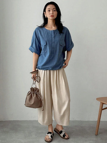 FRIFUL Women Casual Solid Color Batwing Sleeve Blouse, Business & Leisure, Summer